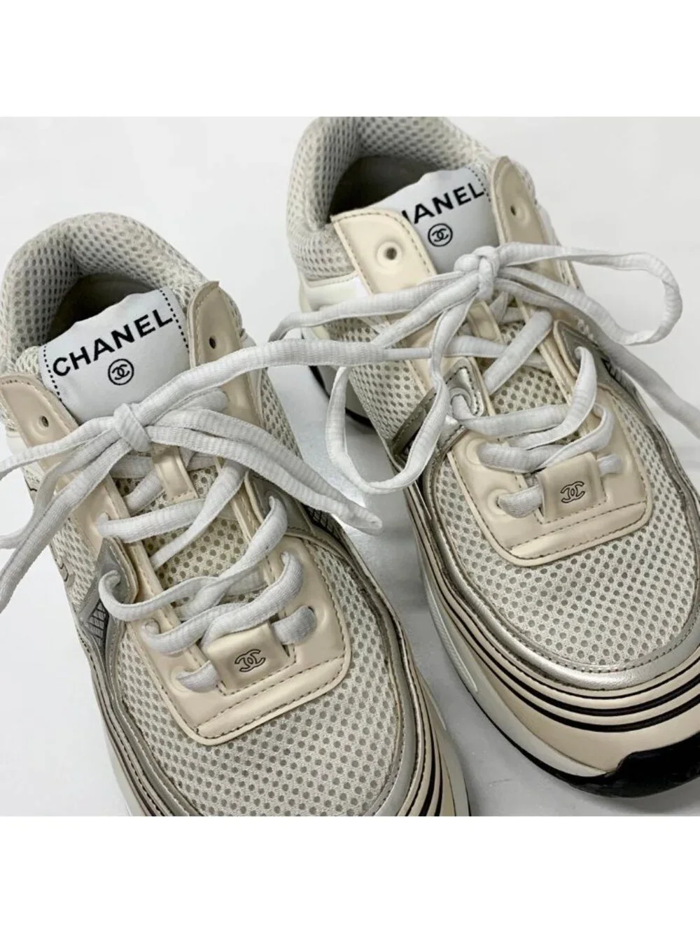 Chanel CC Logo Mesh Leather Sneakers Beige